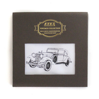 Luxusní pánský látkový kapesník VINTAGE ruční tisk - automobil
